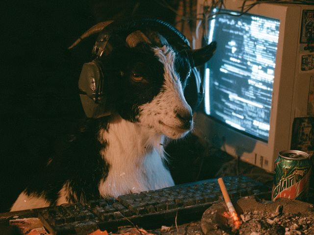 The DGEN sysop: a goat in headphones at a 1996 LAN party desk